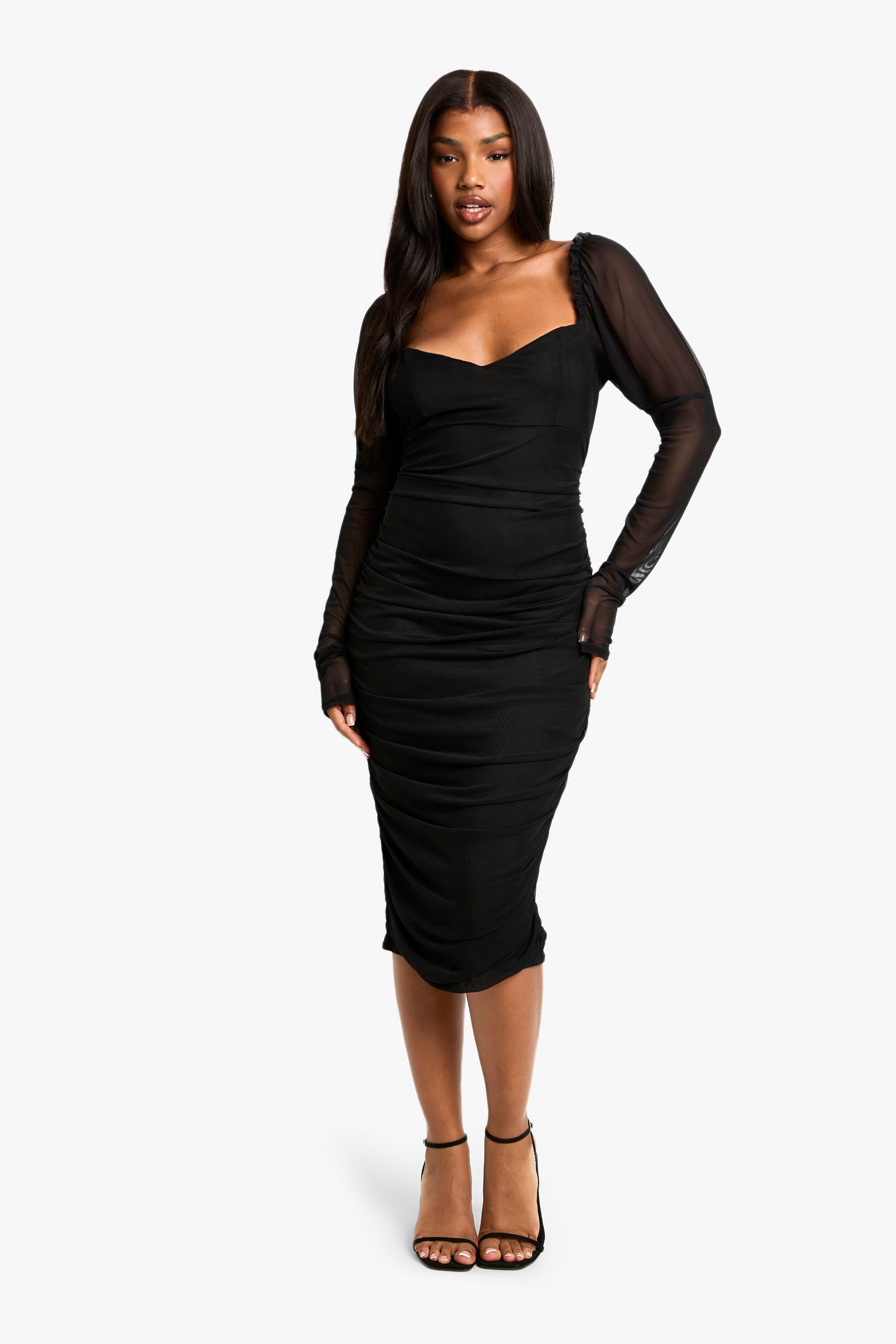 Mesh Square Neck Ruched Midi Dress | boohoo USA