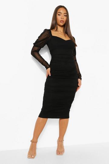 Black Mesh Square Neck Ruched Midi Dress