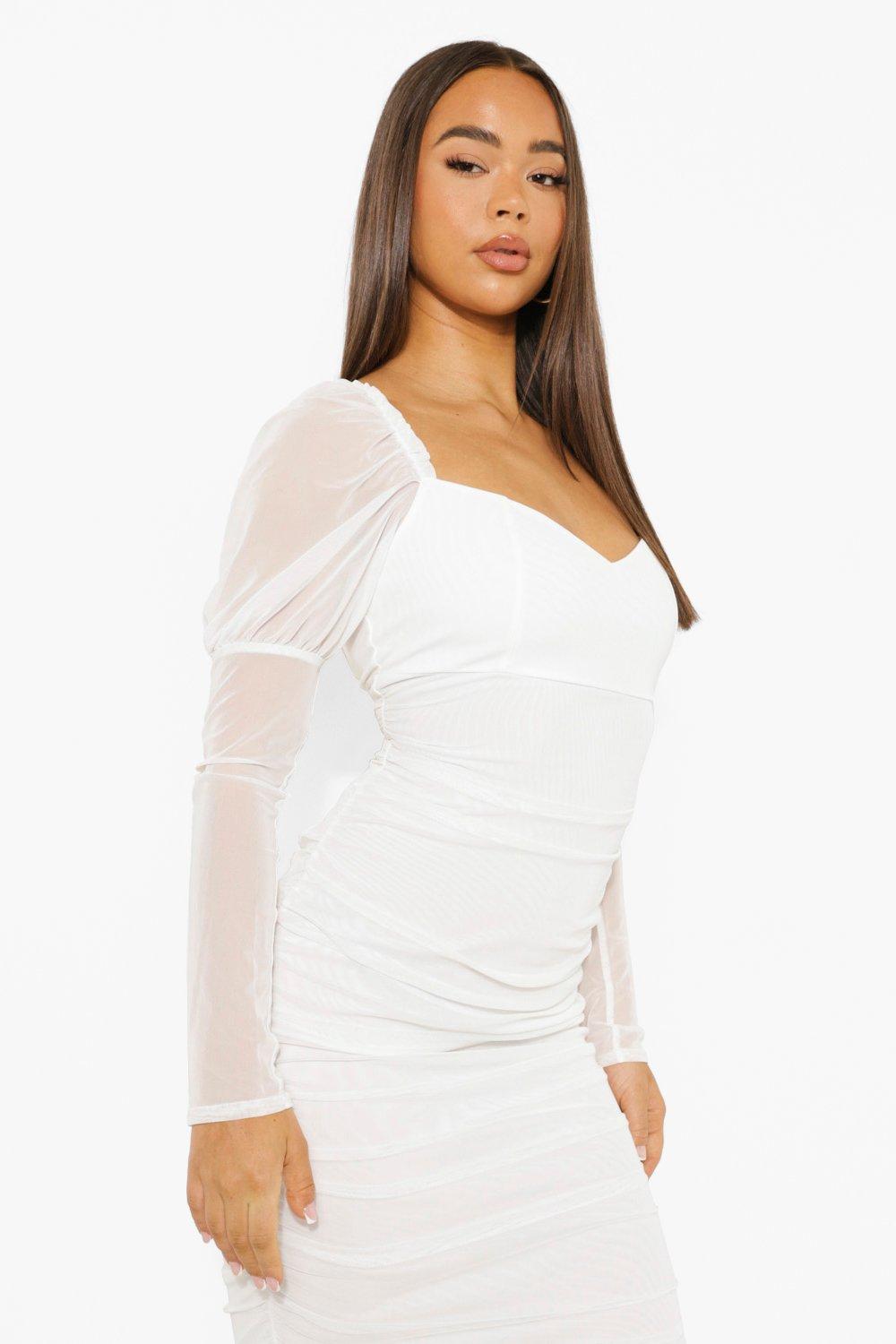 White square neck mesh sale ruched cut out bodycon dress