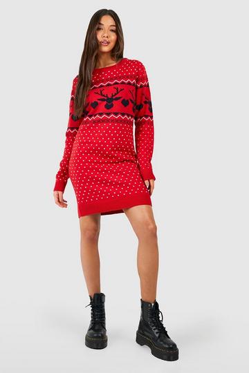 Hearts Fairisle Christmas Sweater Dress red