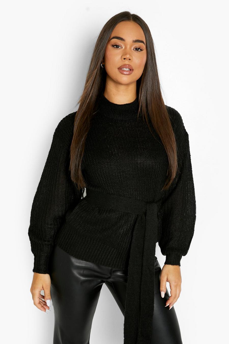 שחור סוודר עם חגורה image number 1