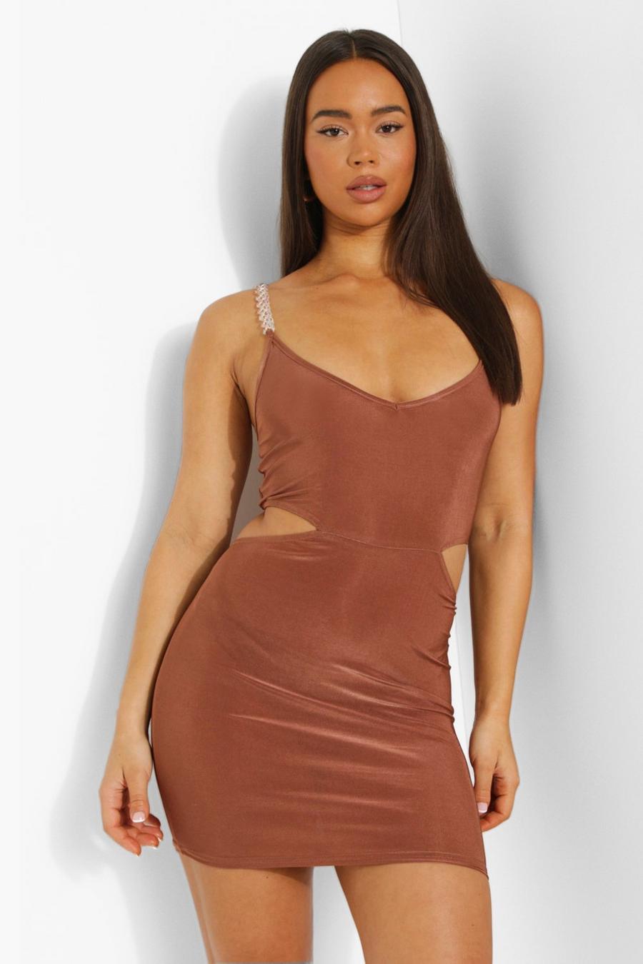 Caramel beige Chain Strap Disco Slinky Cut Out Mini Dress image number 1