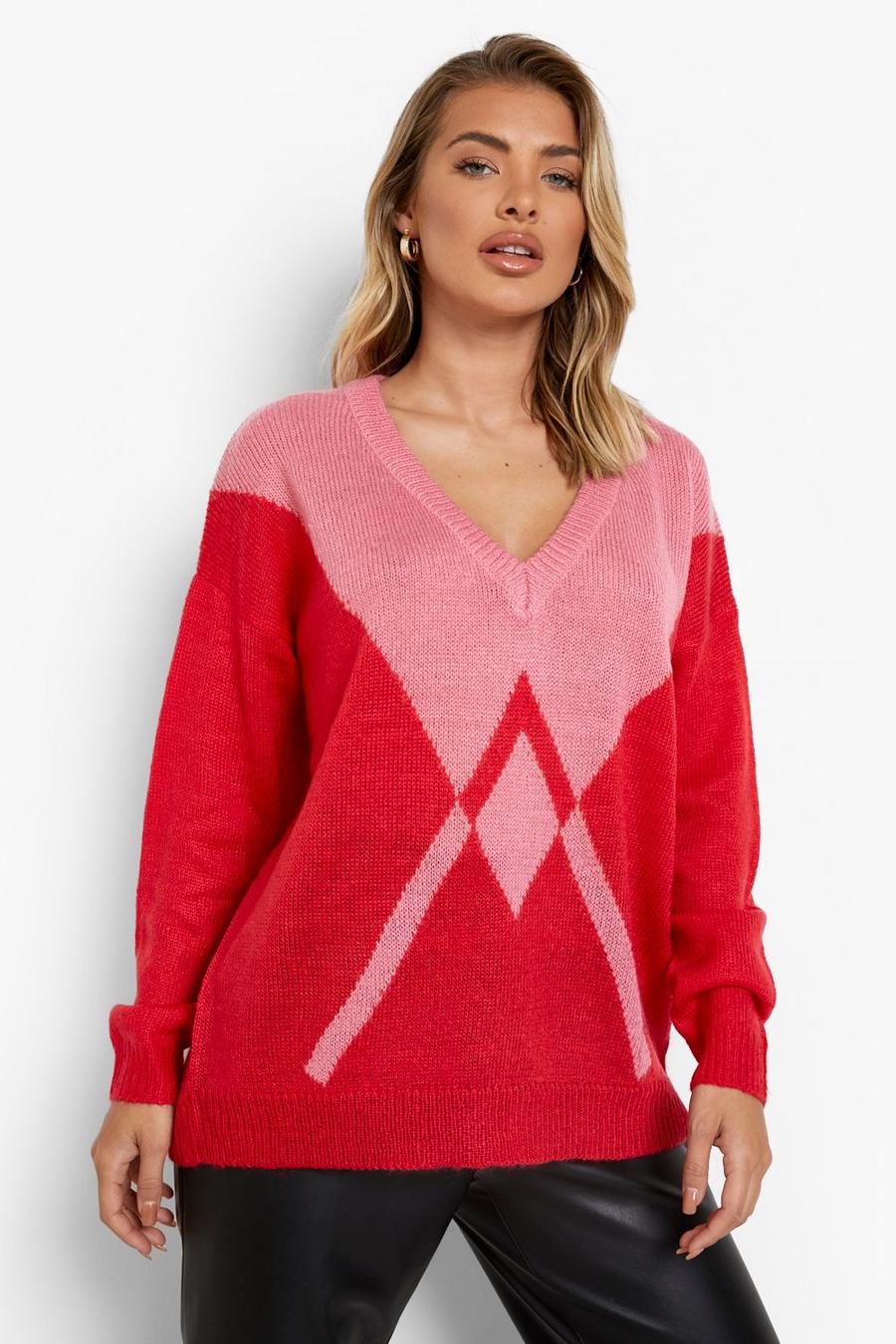 Pink Color Block Diamond Sweater