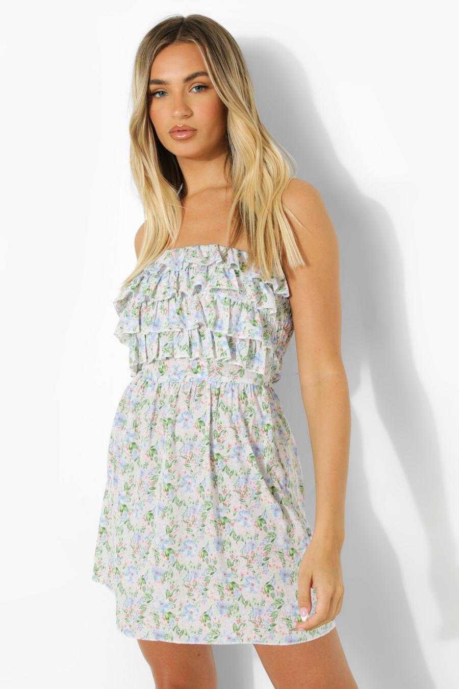 White Floral Ruffle Bandeau Swing Dress image number 1