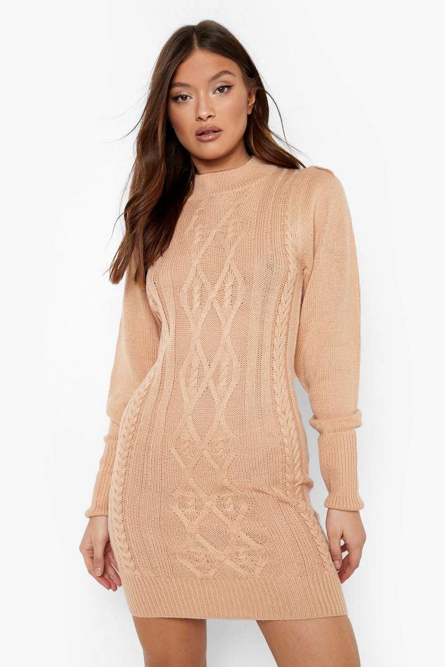 Camel Cable Knit Sweater Dress image number 1