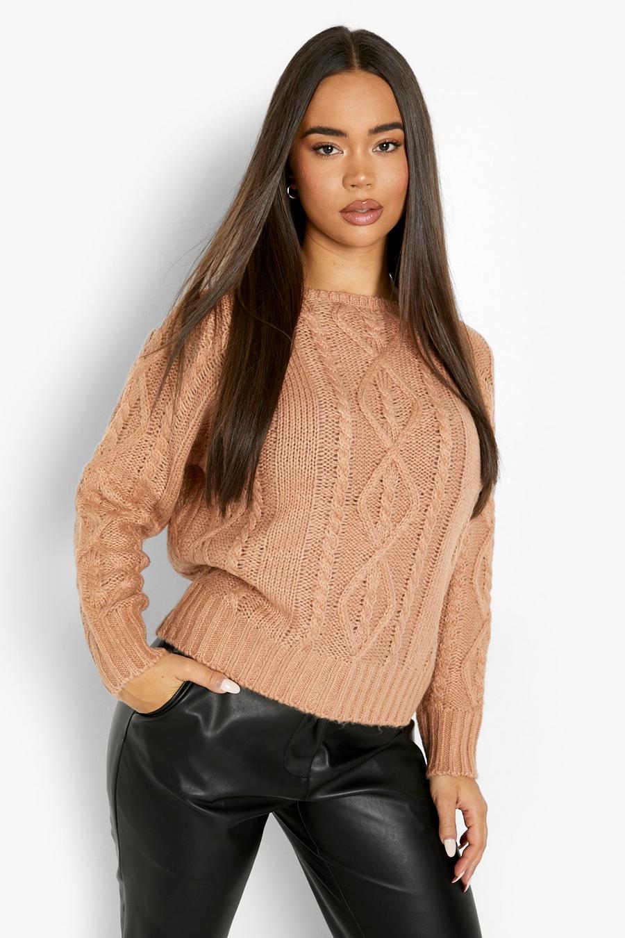 Camel Wrap Back Cable Knitted Jumper image number 1