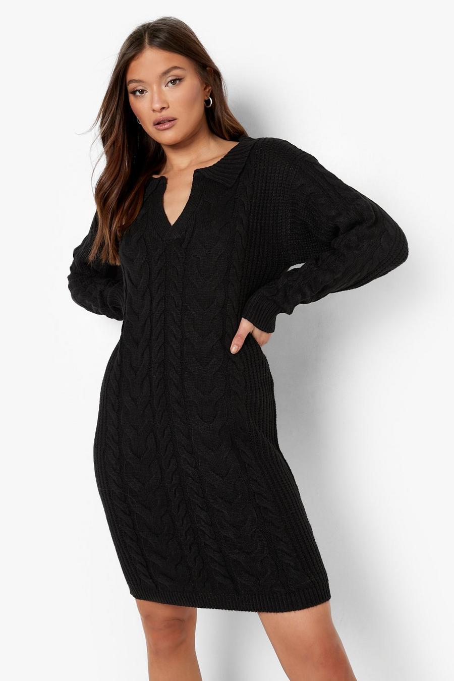 Black Polo Collar Cable Knit Sweater Dress image number 1