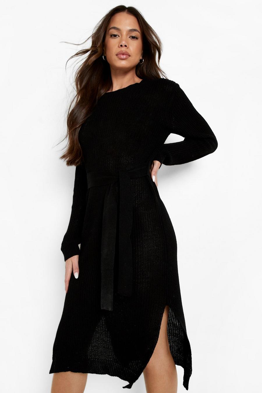 Black Belted Knitted Midi Dress image number 1