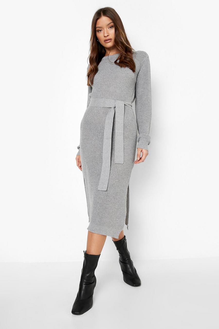 Grey Belted Knitted Midi Dress