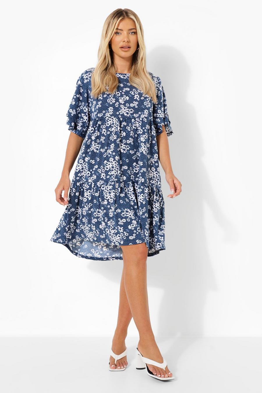 Vestido holgado de flores con bajo con vuelo, Navy image number 1