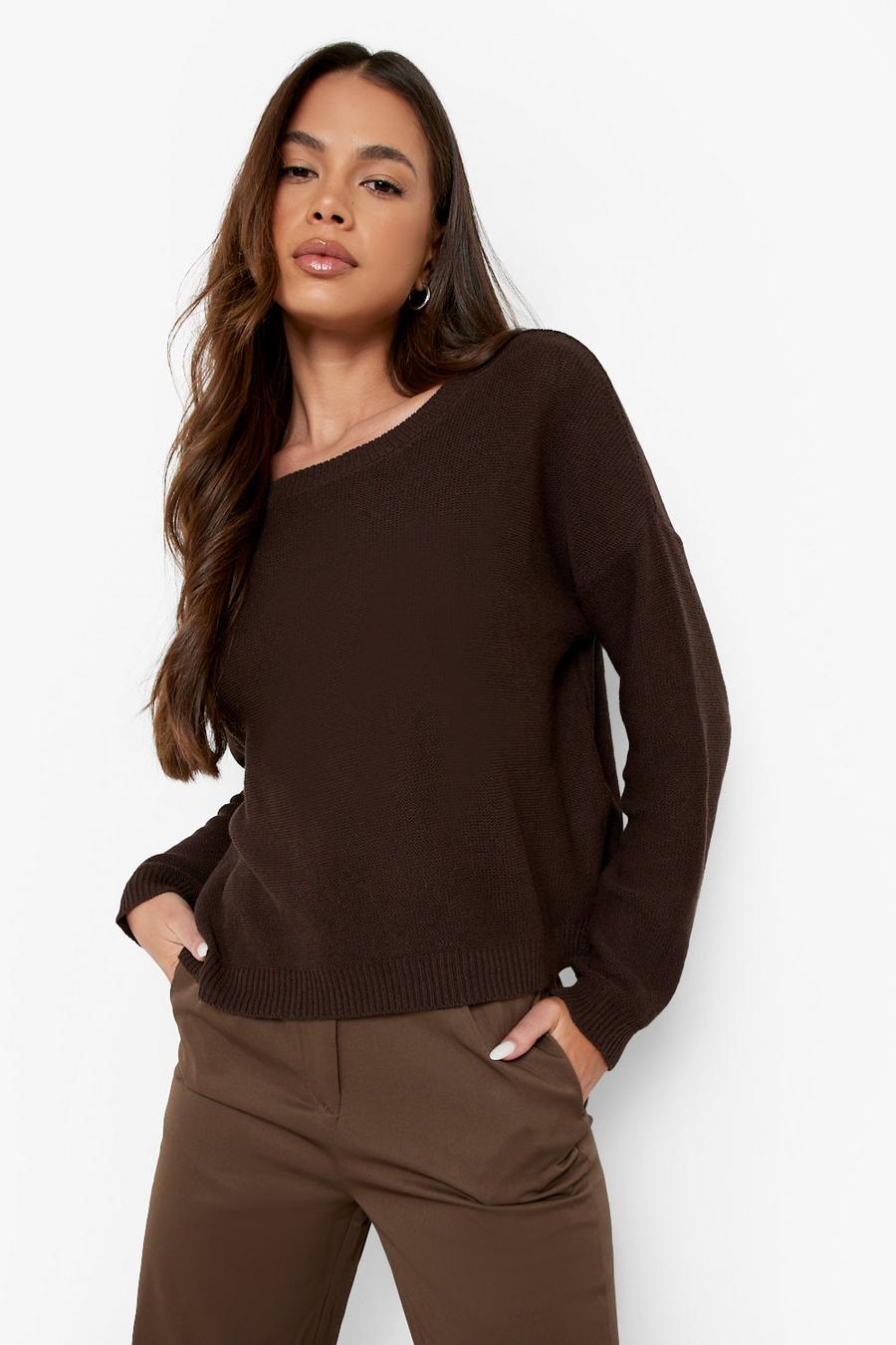 Chocolate Crew Neck Knitted Jumper image number 1