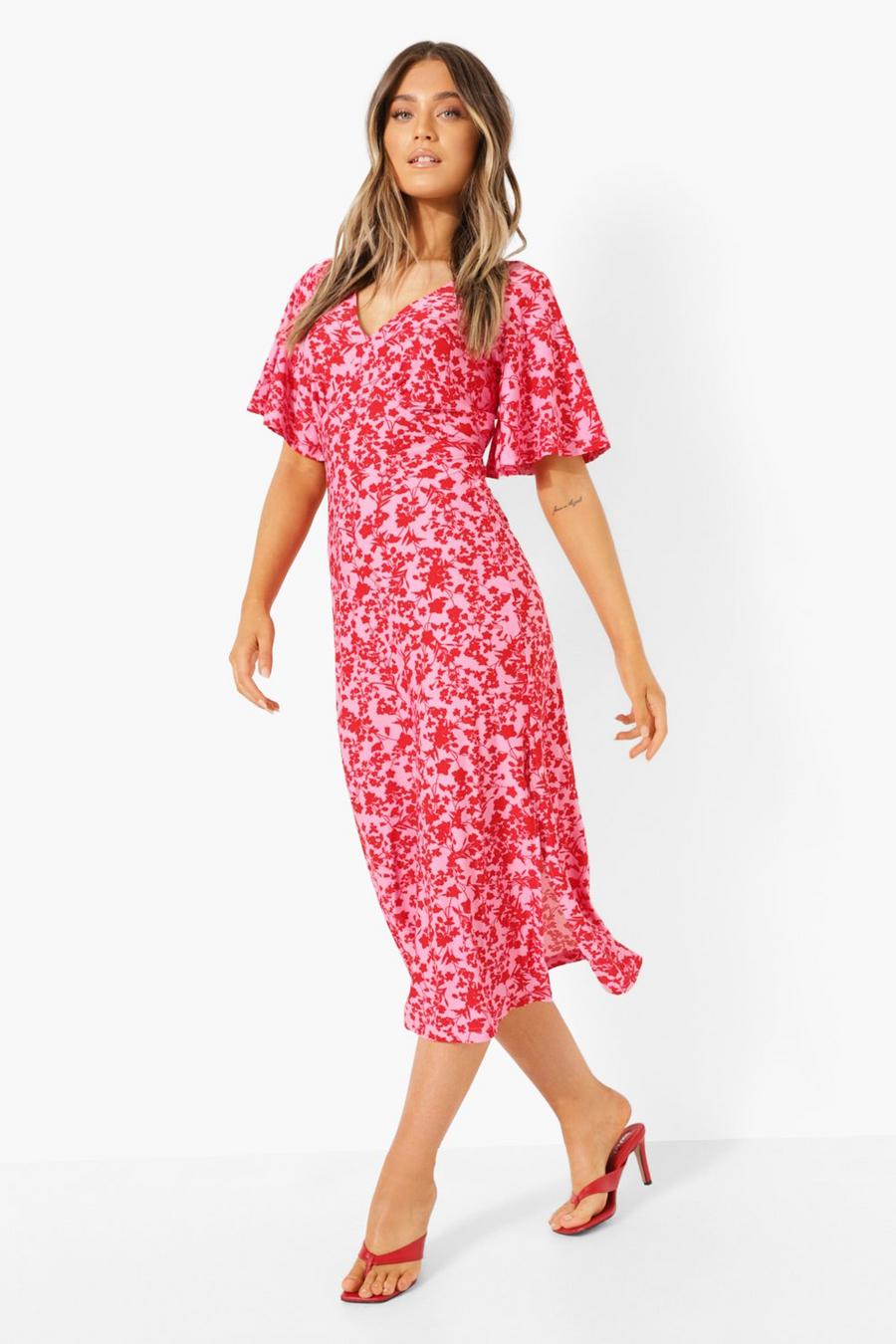 Pink Floral Print Frill Sleeve Midi Dress image number 1