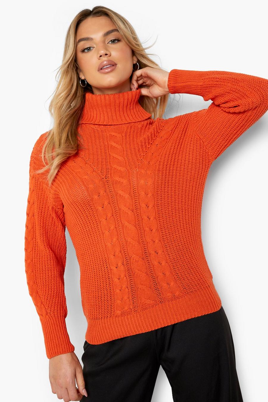 Rust Roll Neck Cable Knitted Jumper image number 1