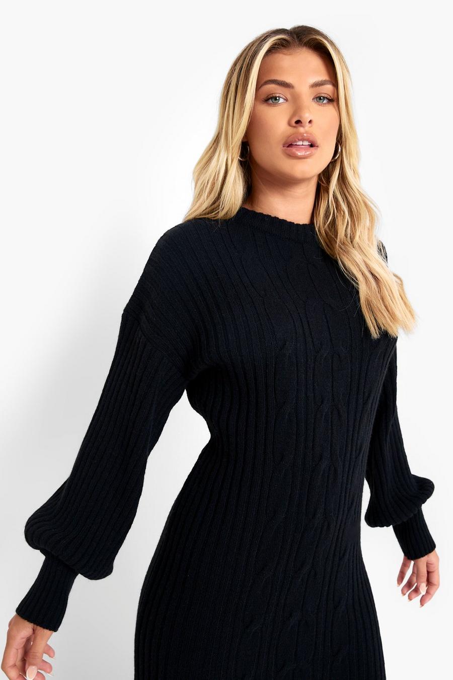 Black Balloon Sleeve Cable Knitted Midi Dress image number 1