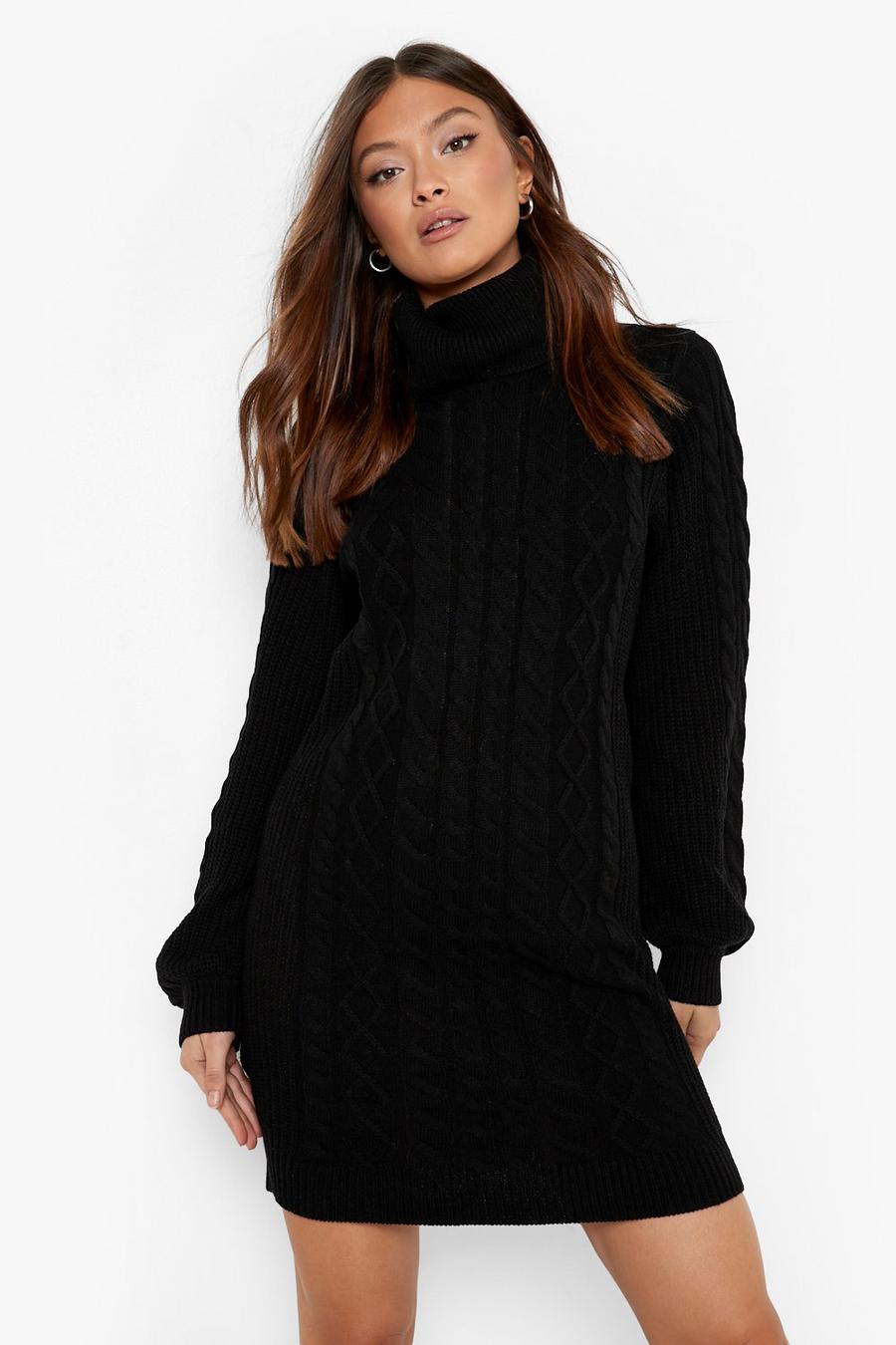 Black Recycled Turtleneck Cable Knit Sweater Dress image number 1