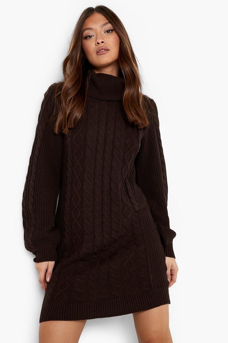 Chocolate brown Recycled Turtleneck Cable Knit Sweater Dress