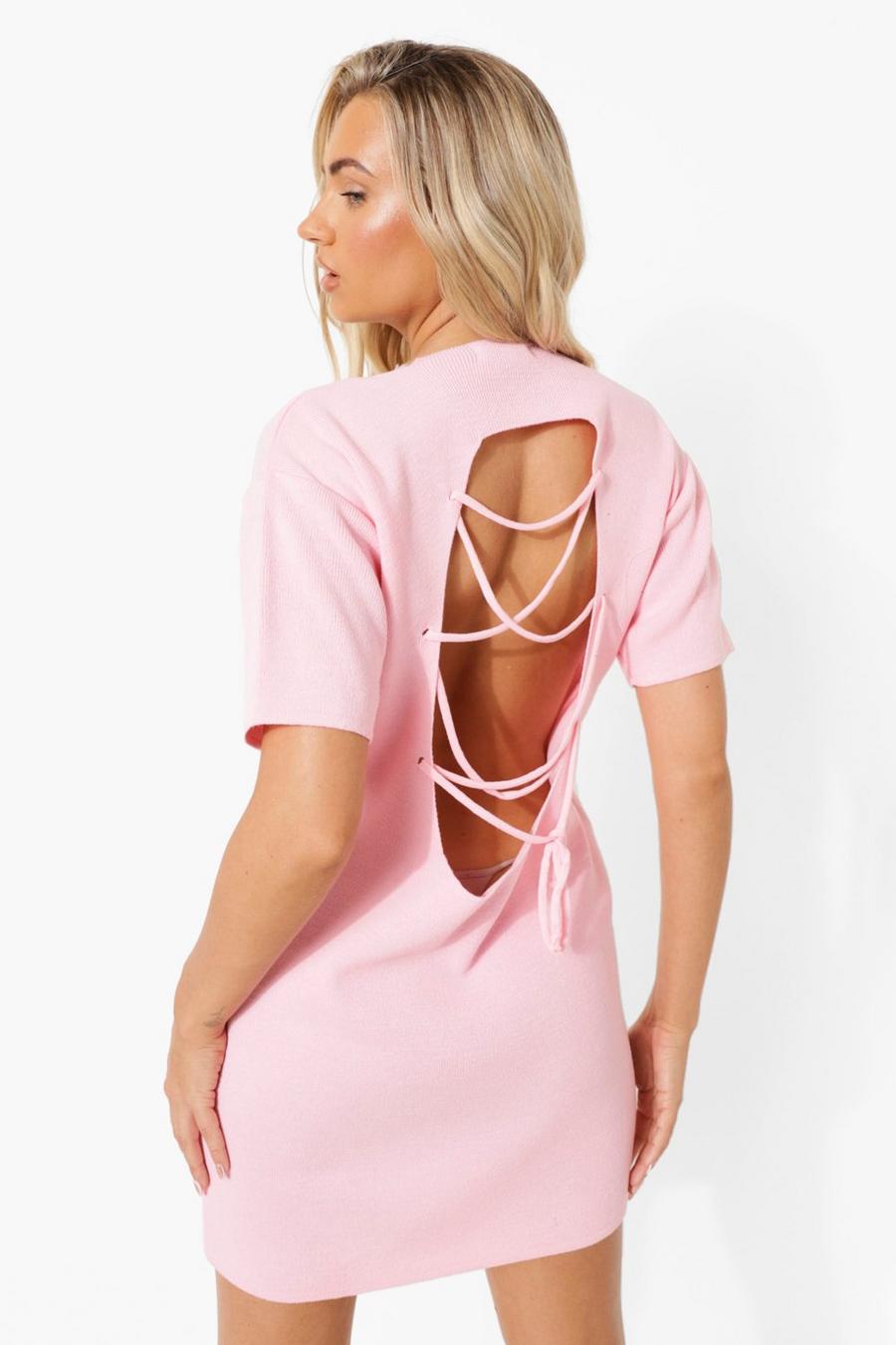 Baby pink Knitted Lace Back Detail Mini Dress image number 1