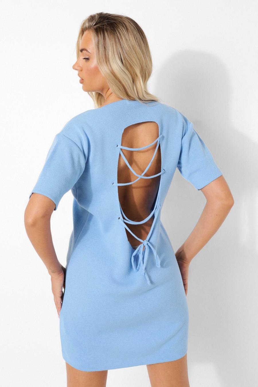 Pastel blue Knitted Lace Back Detail Mini Dress image number 1