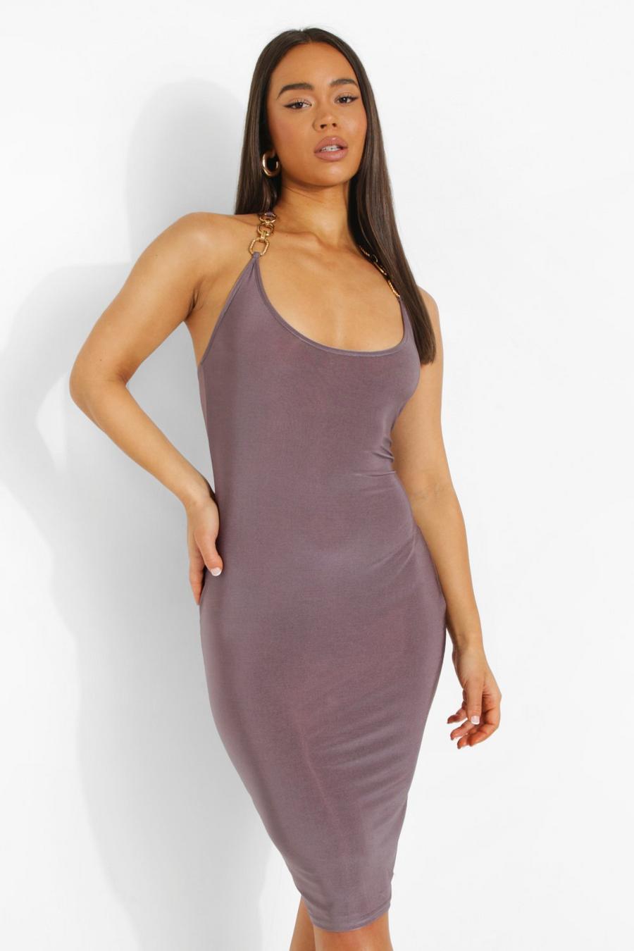 Taupe Chain Strap Disco Slinky Ruched Midi Dress image number 1