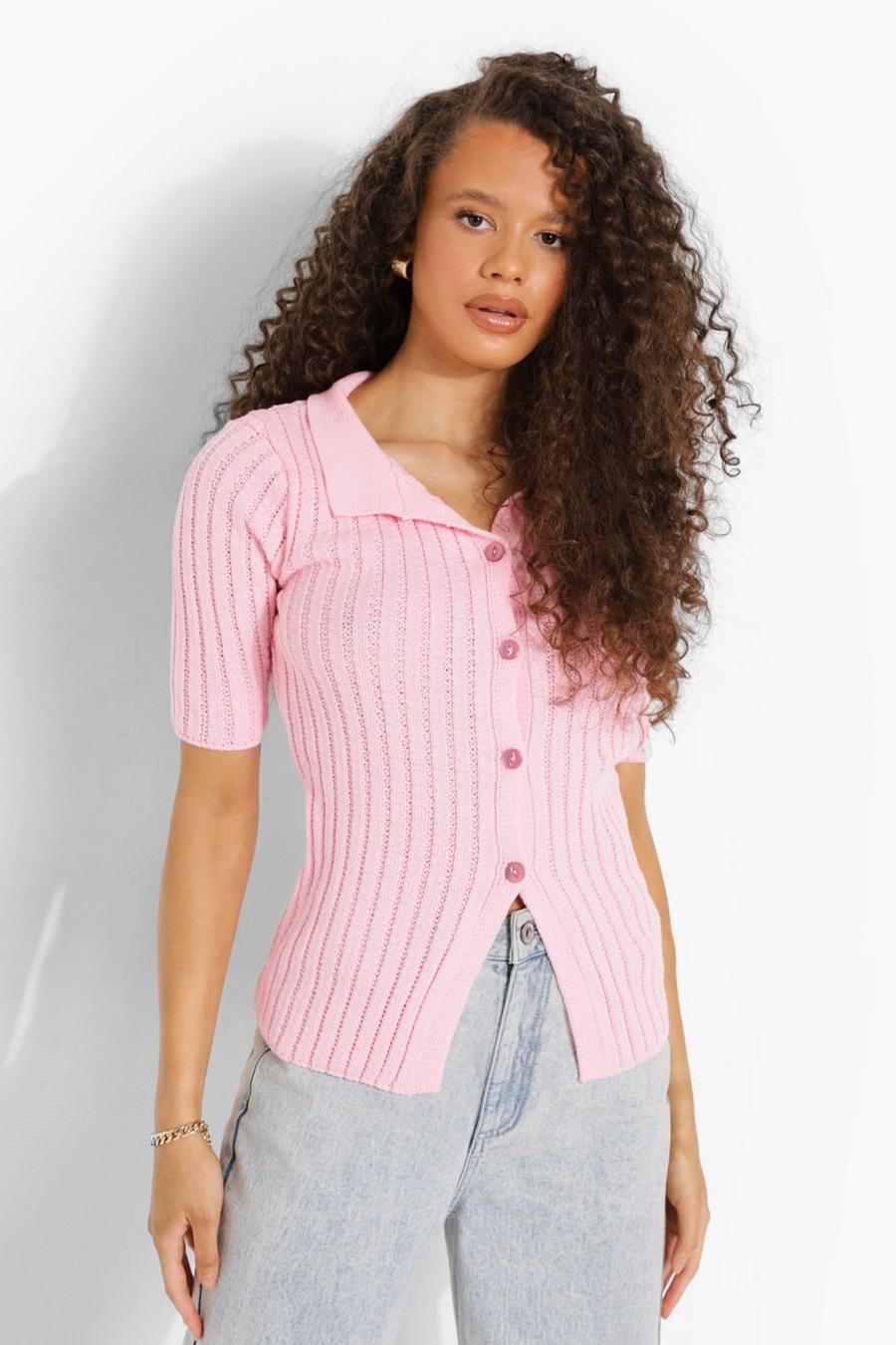 Pink Short Sleeve Rib Knit Collared Cardigan image number 1
