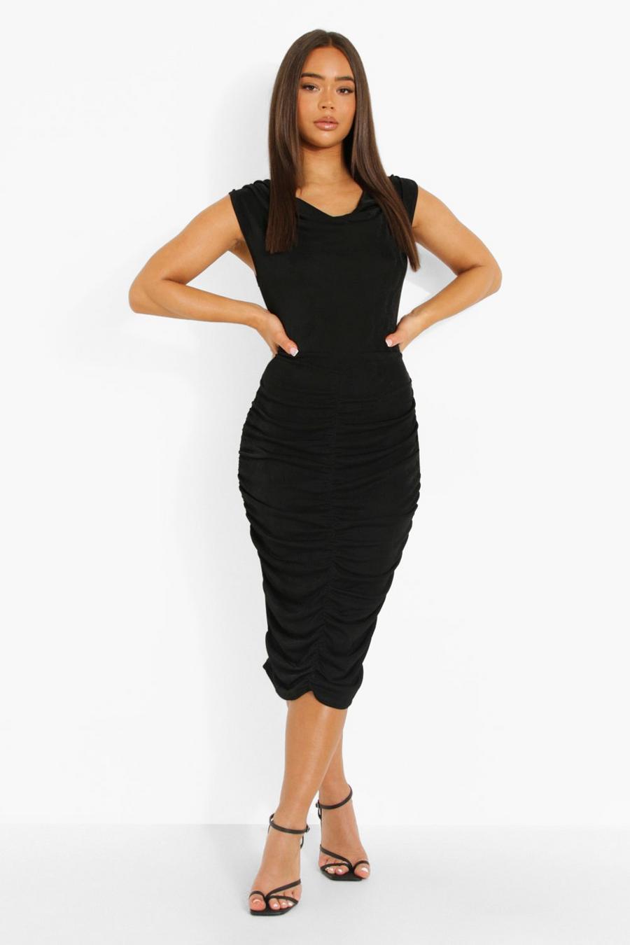 Black Drape Neck Ruched Midi Dress image number 1