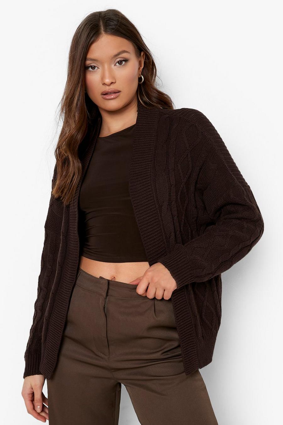 Chocolate Cable Knit Cropped Cardigan image number 1