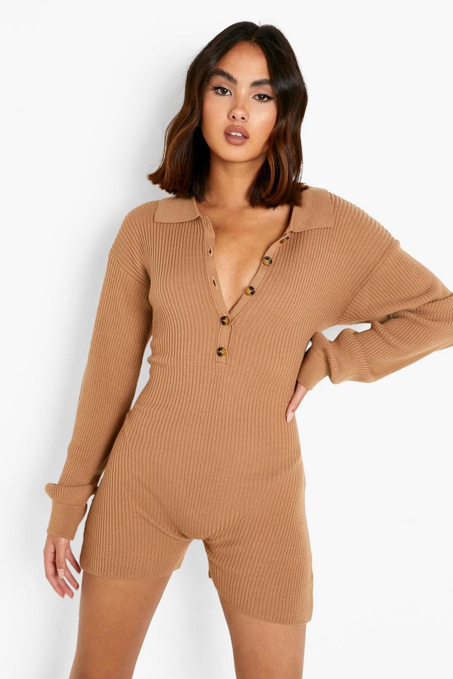 Camel Collared Lounge Knitted Playsuit image number 1