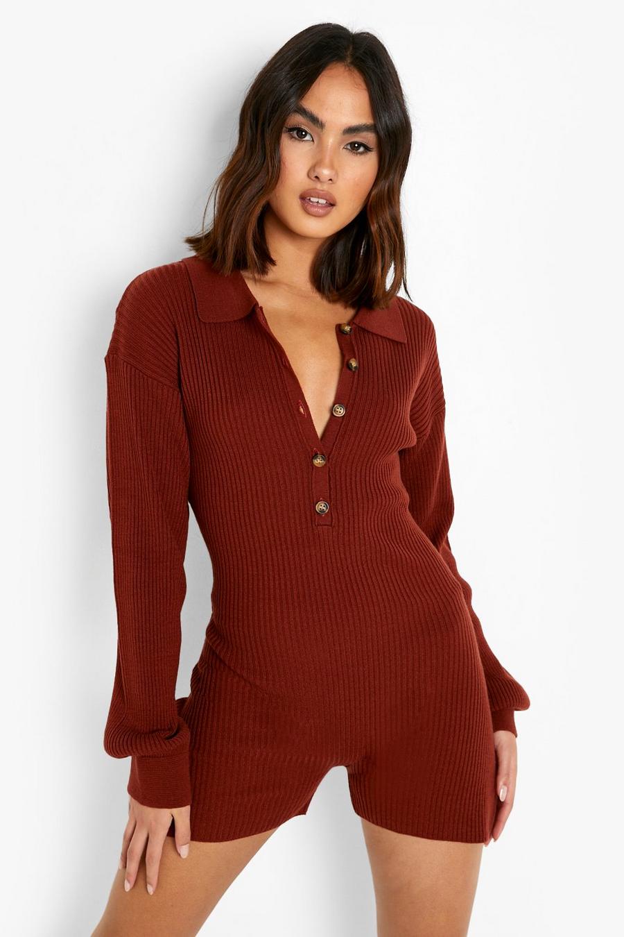 Rust Collared Lounge Knitted Playsuit image number 1