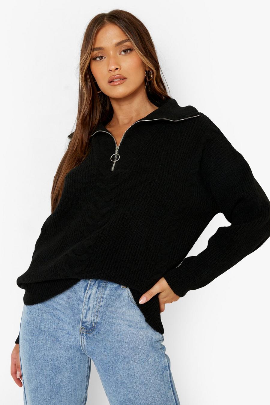 Black Cable Knit Chunky Grandad Collar Jumper image number 1