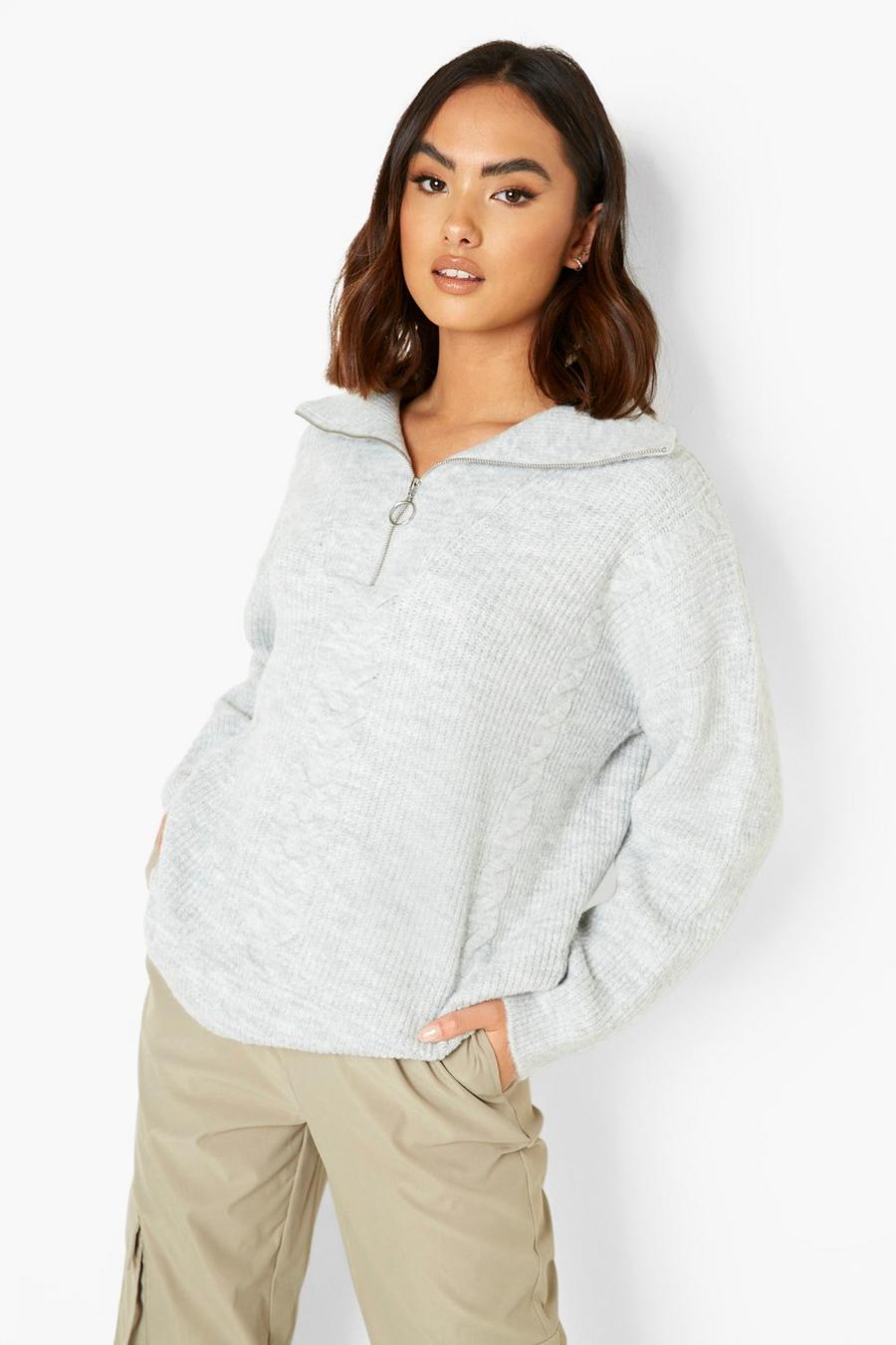 Grey Cable Knit Chunky Grandad Collar Jumper image number 1