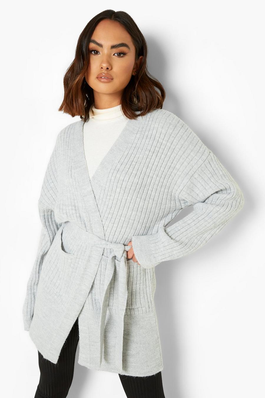 Grey Belted Ribbed Cardigan