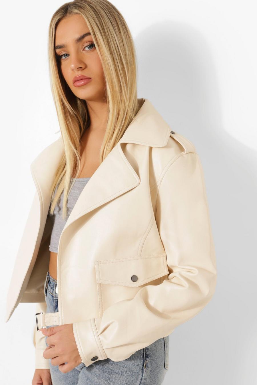 Ecru Oversized Curved Collar Faux Leather Jacket image number 1