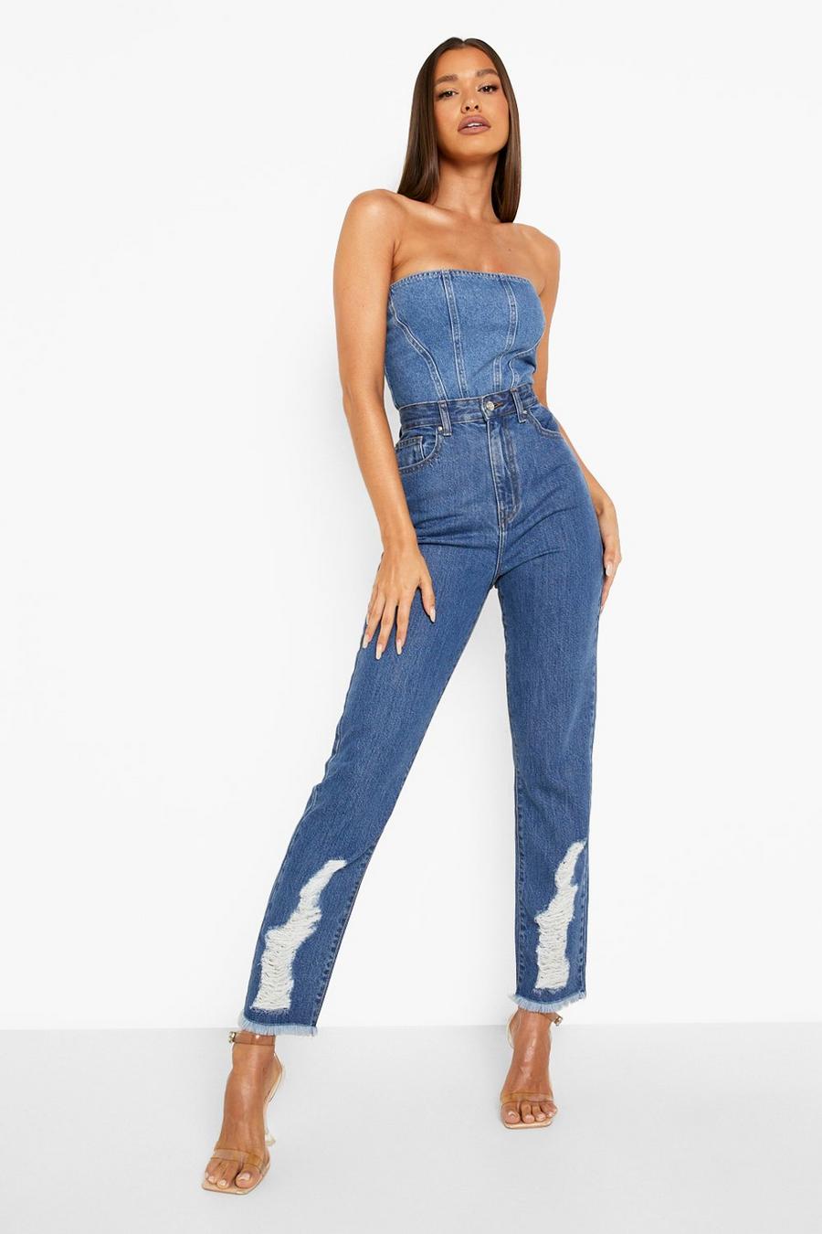 Mid blue Slitna mom jeans med hög midja image number 1