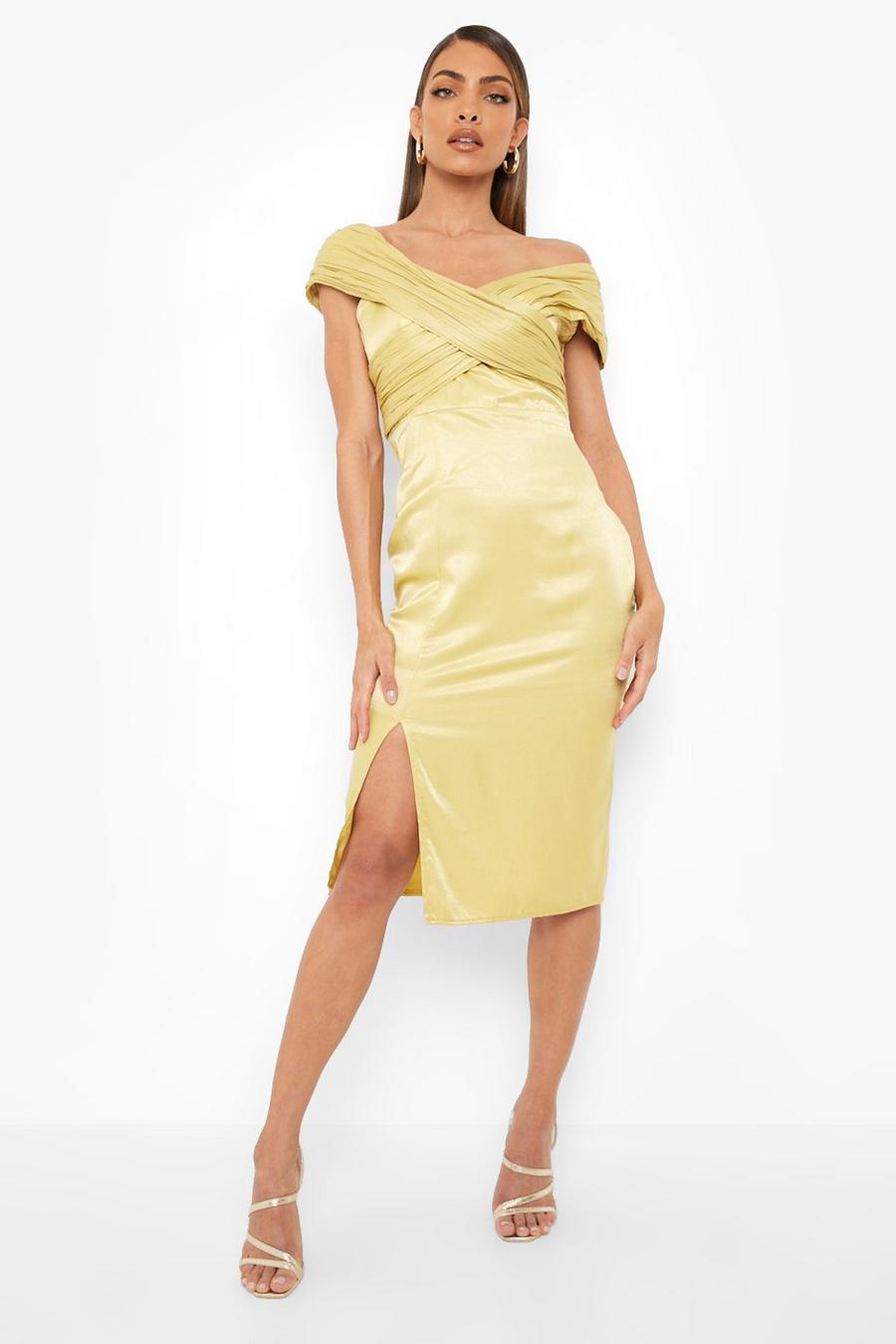 Chartreuse yellow One Shoulder Midi Bridesmaid Dress image number 1