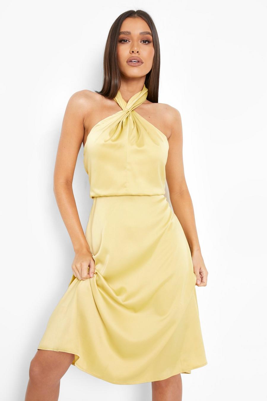 Chartreuse Satin Halter Twist Midi Bridesmaid Dress image number 1