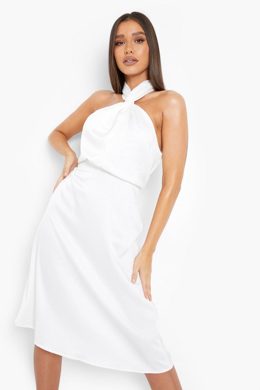 White Satin Halter Twist Midi Bridesmaid Dress image number 1