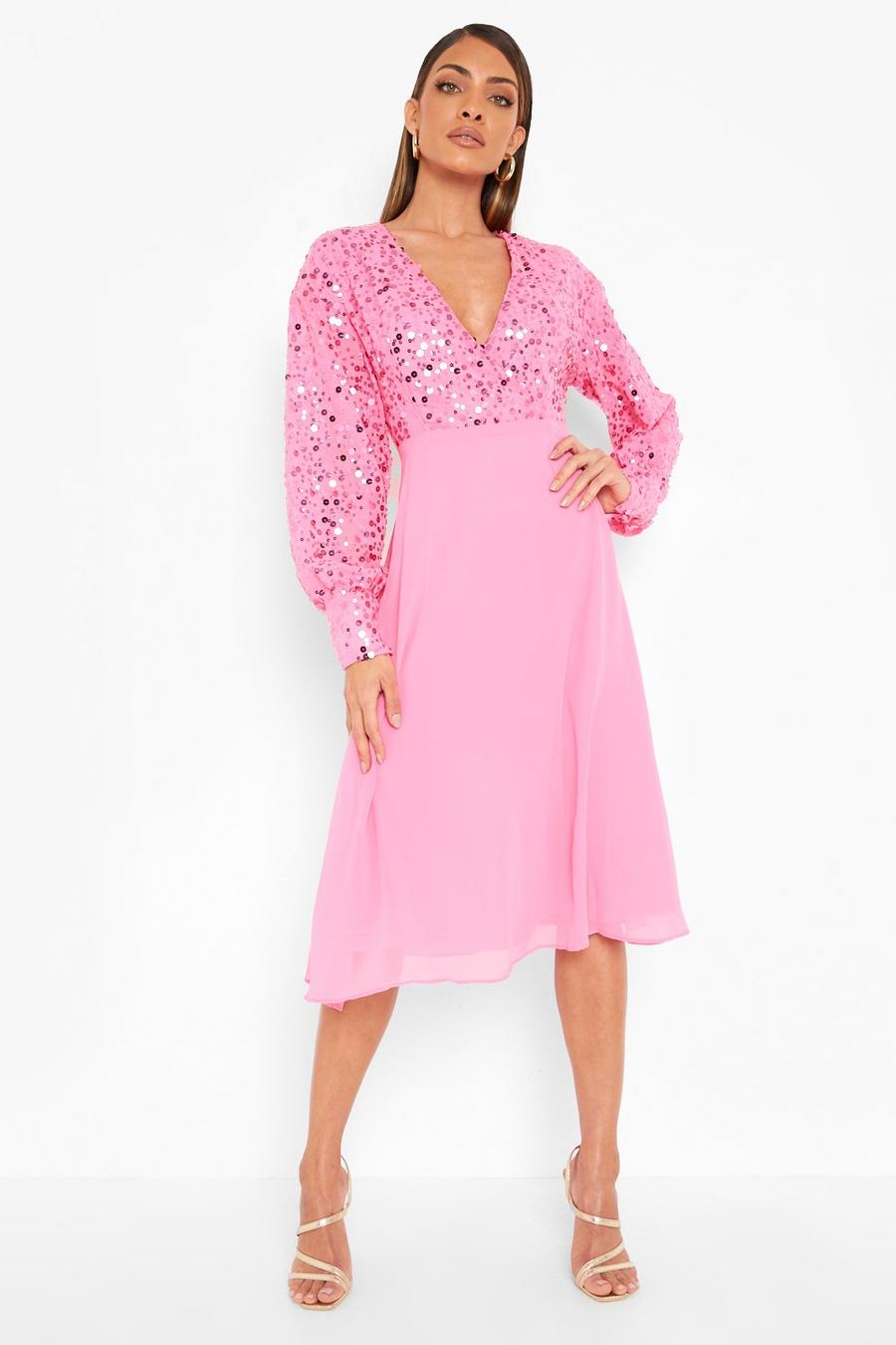 Bright pink Sequin Wrap Midi Skater Dress image number 1