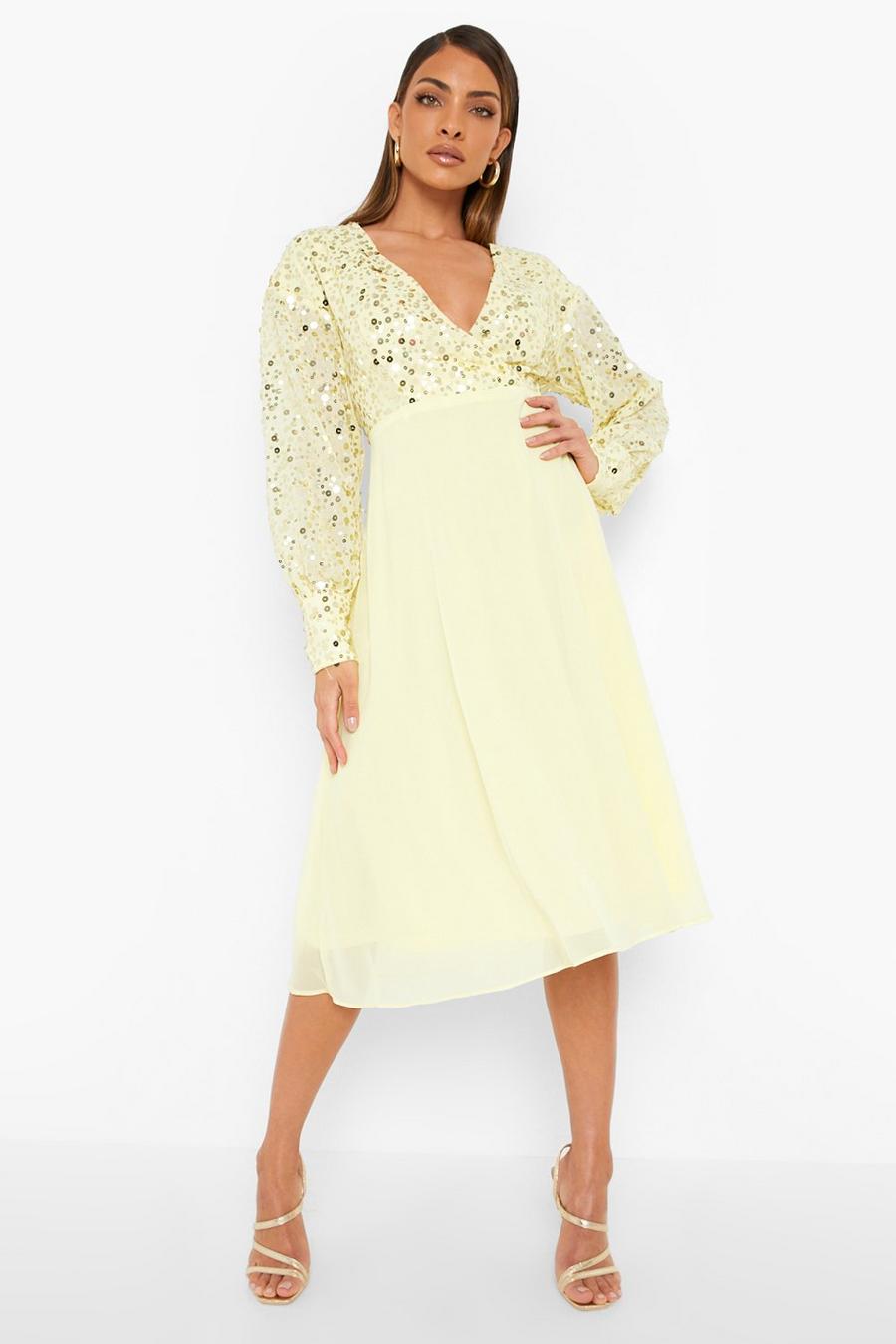Washed lime yellow Sequin Wrap Midi Skater Dress