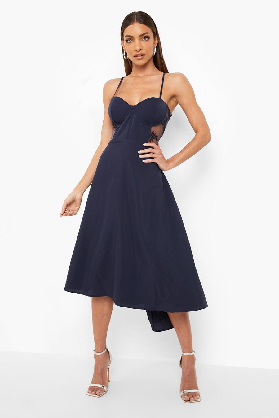 Navy Contrast Lace Corset Midi Dress image number 1