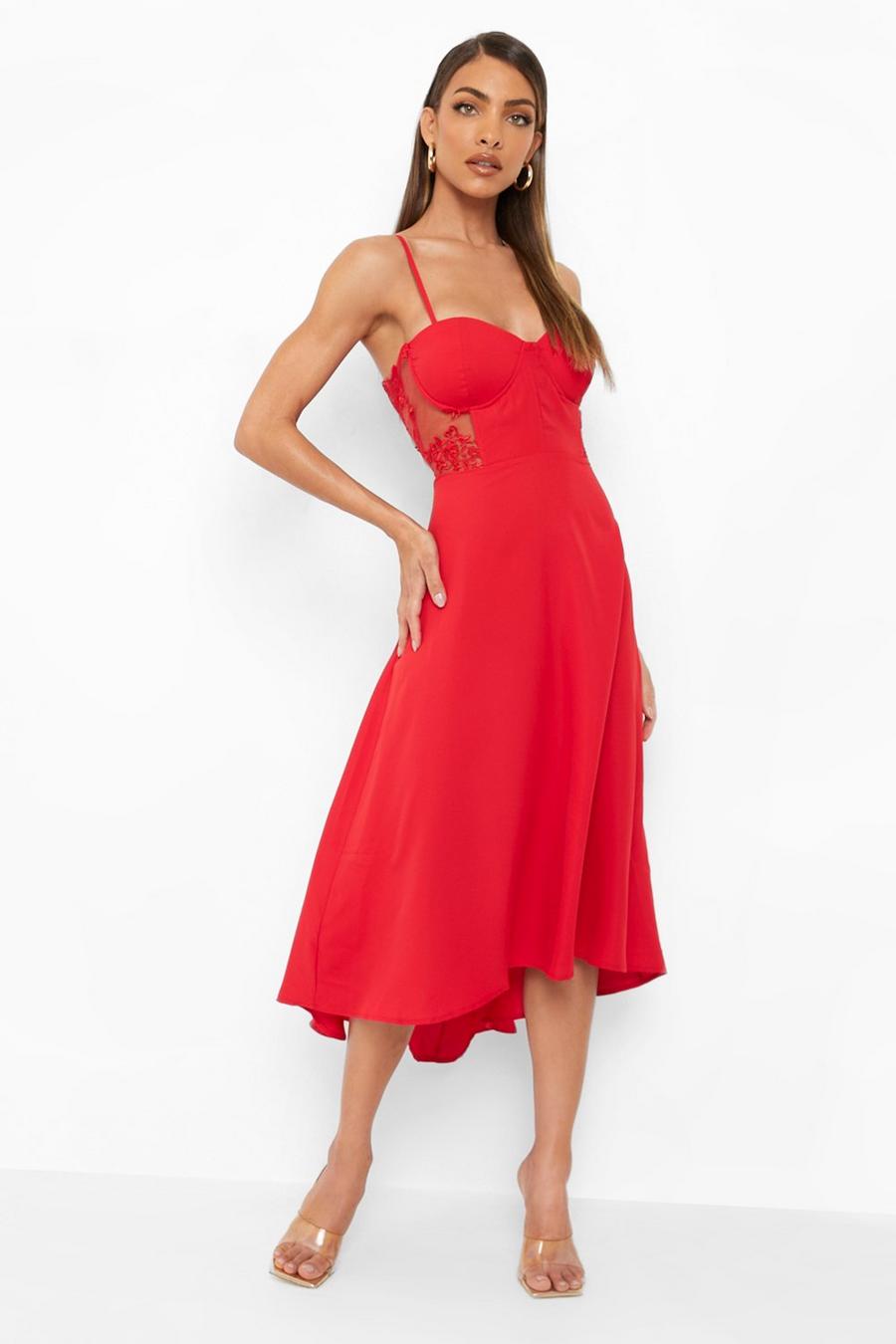 Red Contrast Lace Corset Midi Dress