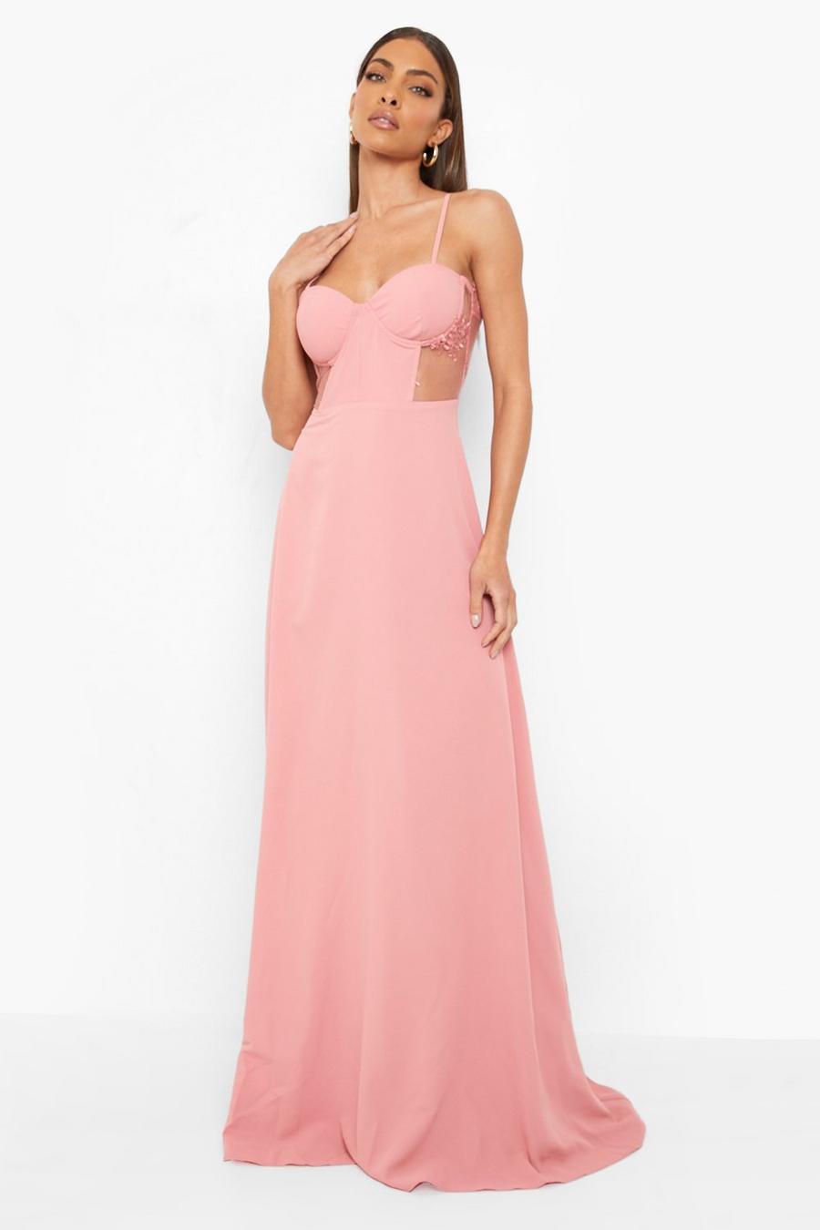 Pink rose Contrast Lace Corset Maxi Dress