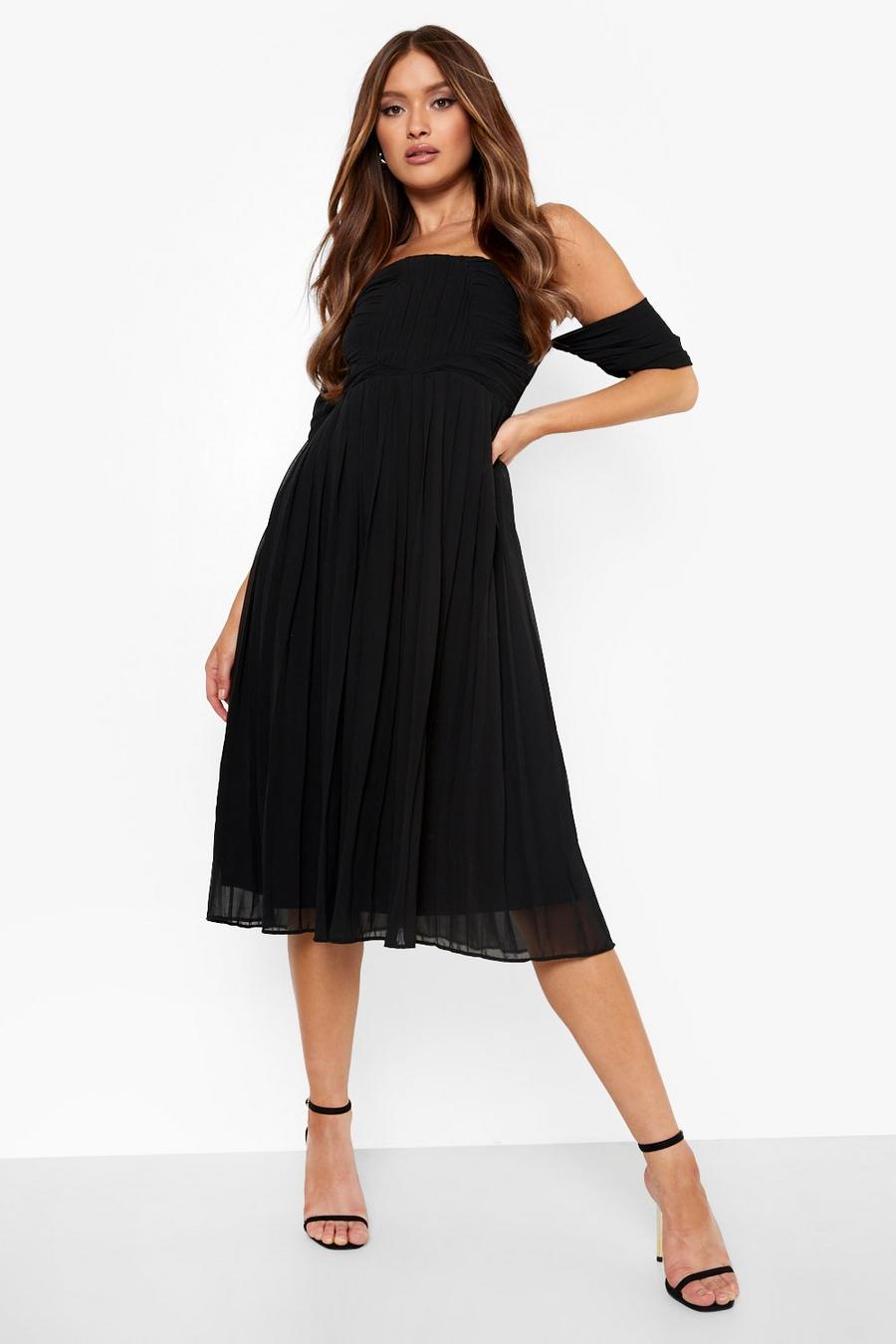 Black Pleated Bardot Bridesmaid Midi Dress image number 1