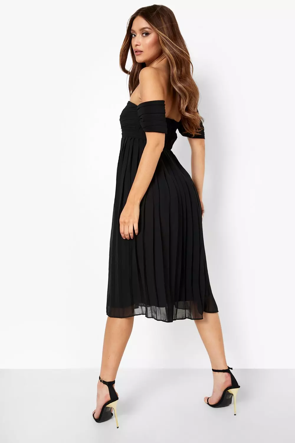 Pleated bardot shop midi dress