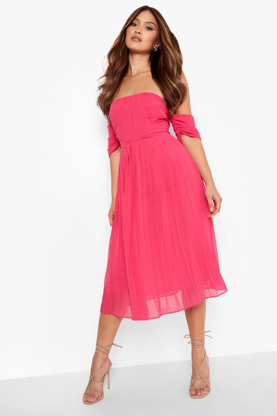 Hot pink Pleated Off The Shoulder Bridesmaid Midi Dress