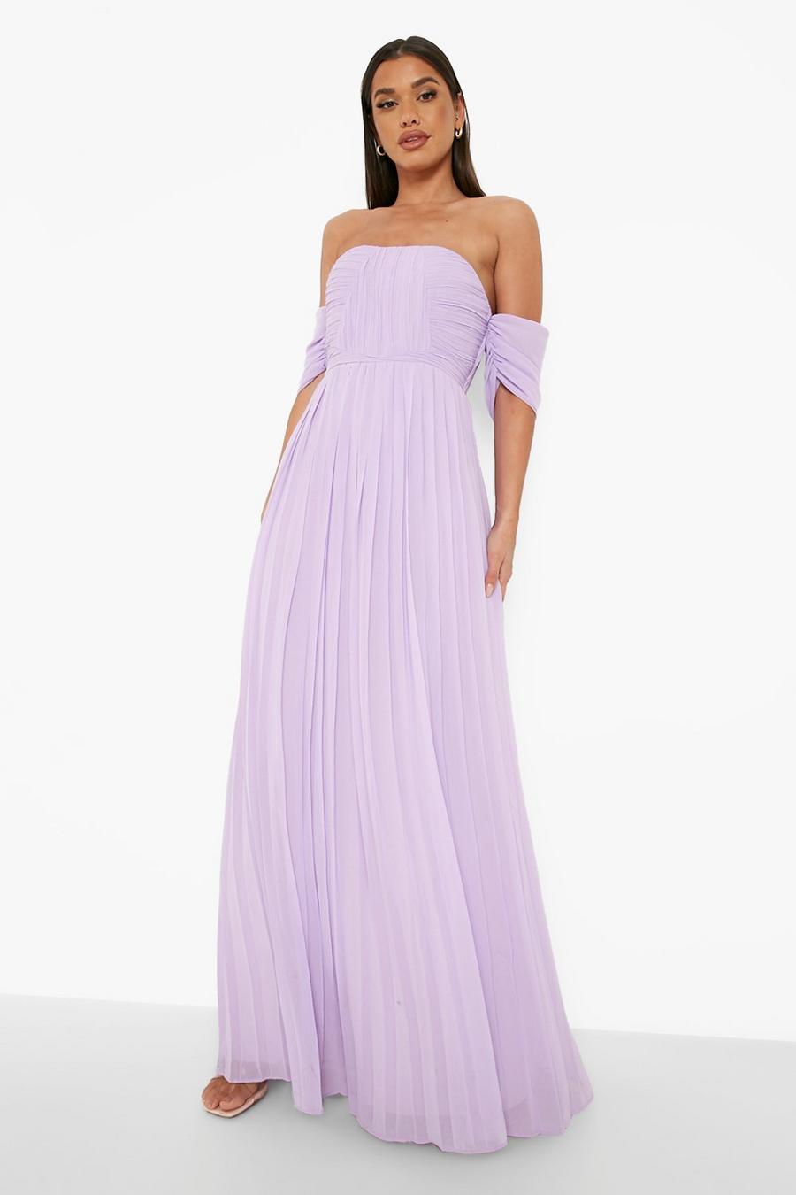 Lilac Pleated Bardot Bridesmaid Maxi Dress image number 1
