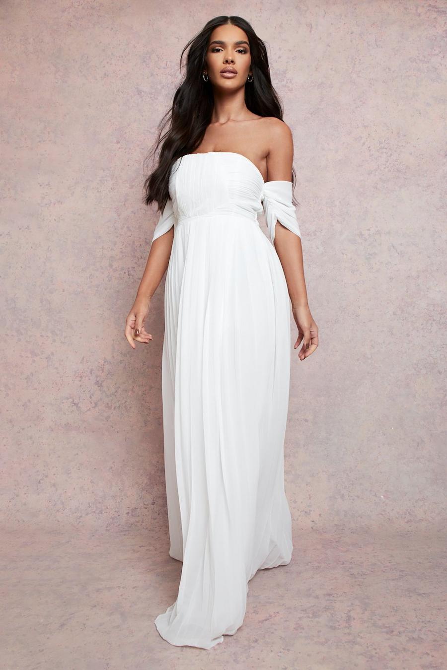 White Pleated Bardot Bridesmaid Maxi Dress