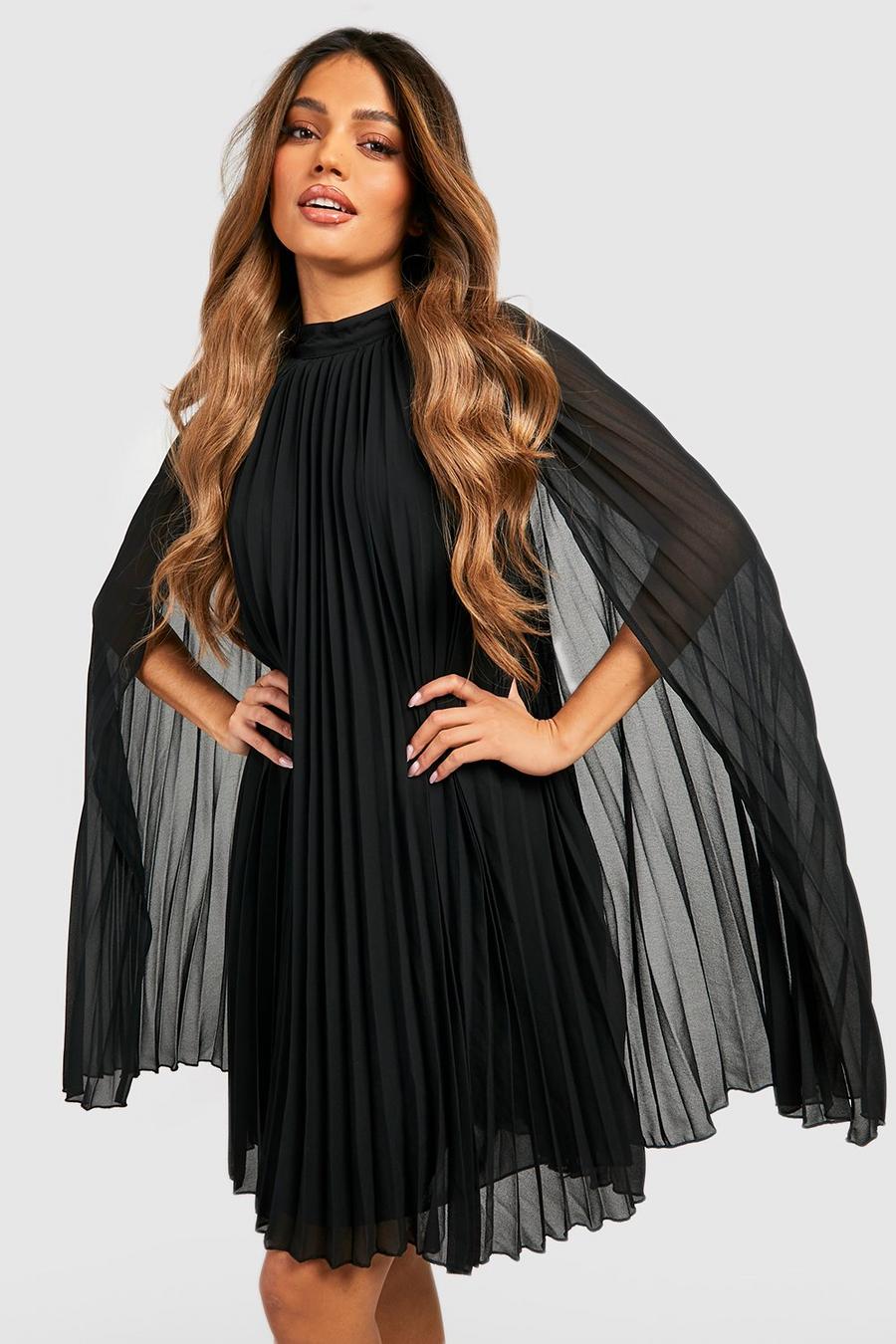 Black Pleated Cape Swing Dress image number 1