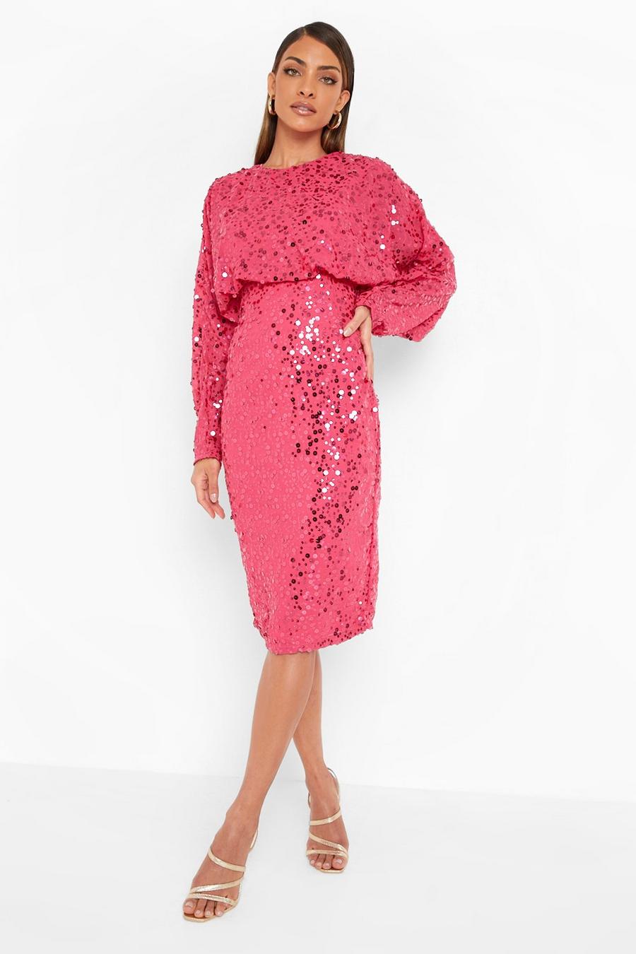 Bright pink שמלת מידי עם שרוולי עטלף ופייטים image number 1