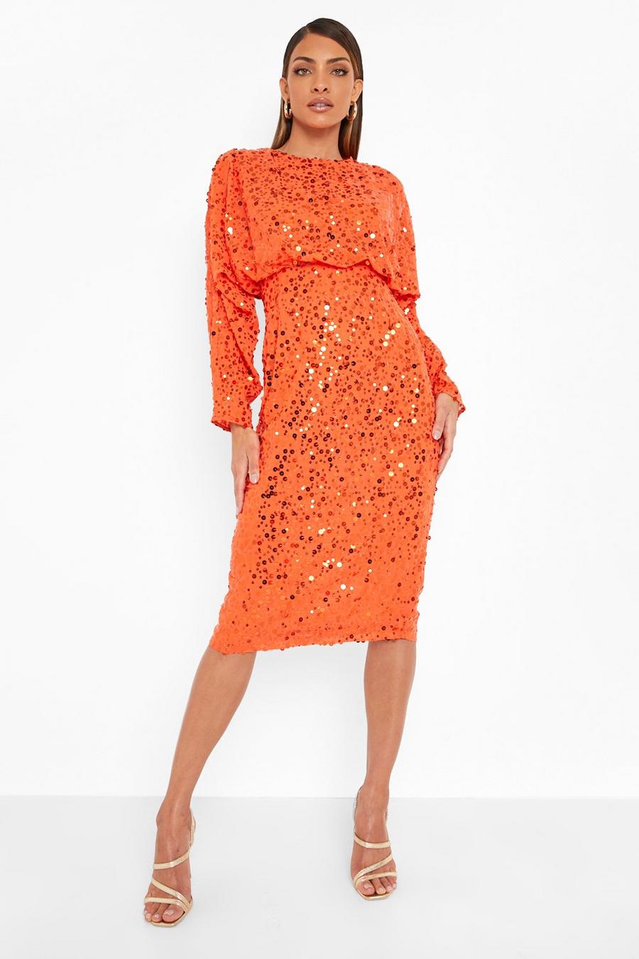 Orange Midiklänning med paljetter och fladdermusärm image number 1