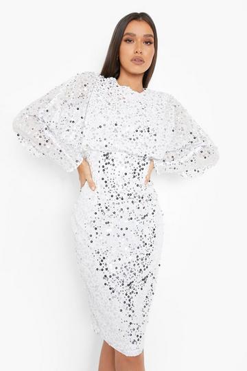 White Sequin Batwing Midi Dress